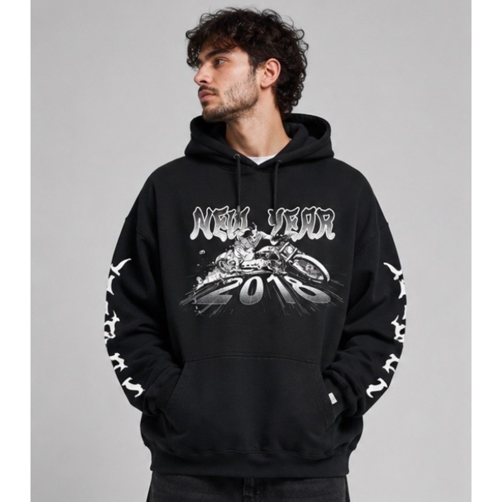 Pro Club Heavyweight Hoodie Mens 2XL Black New Year 2018 Biker Portland Graphic‎